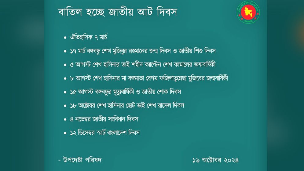 ৭ মার্চ, ১৫ আগস্টসহ আট জাতীয় দিবস বাতিল হচ্ছে